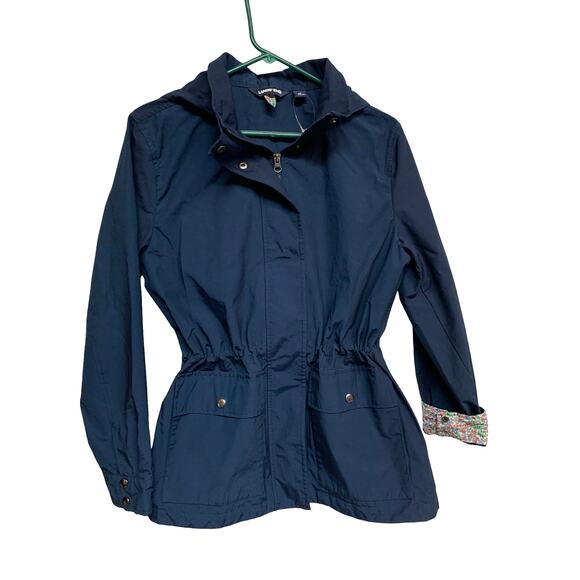 Lands' End Women’s Navy Hooded Utility Jacket Size M | Floral Trim Raincoat - Picture 5 of 7